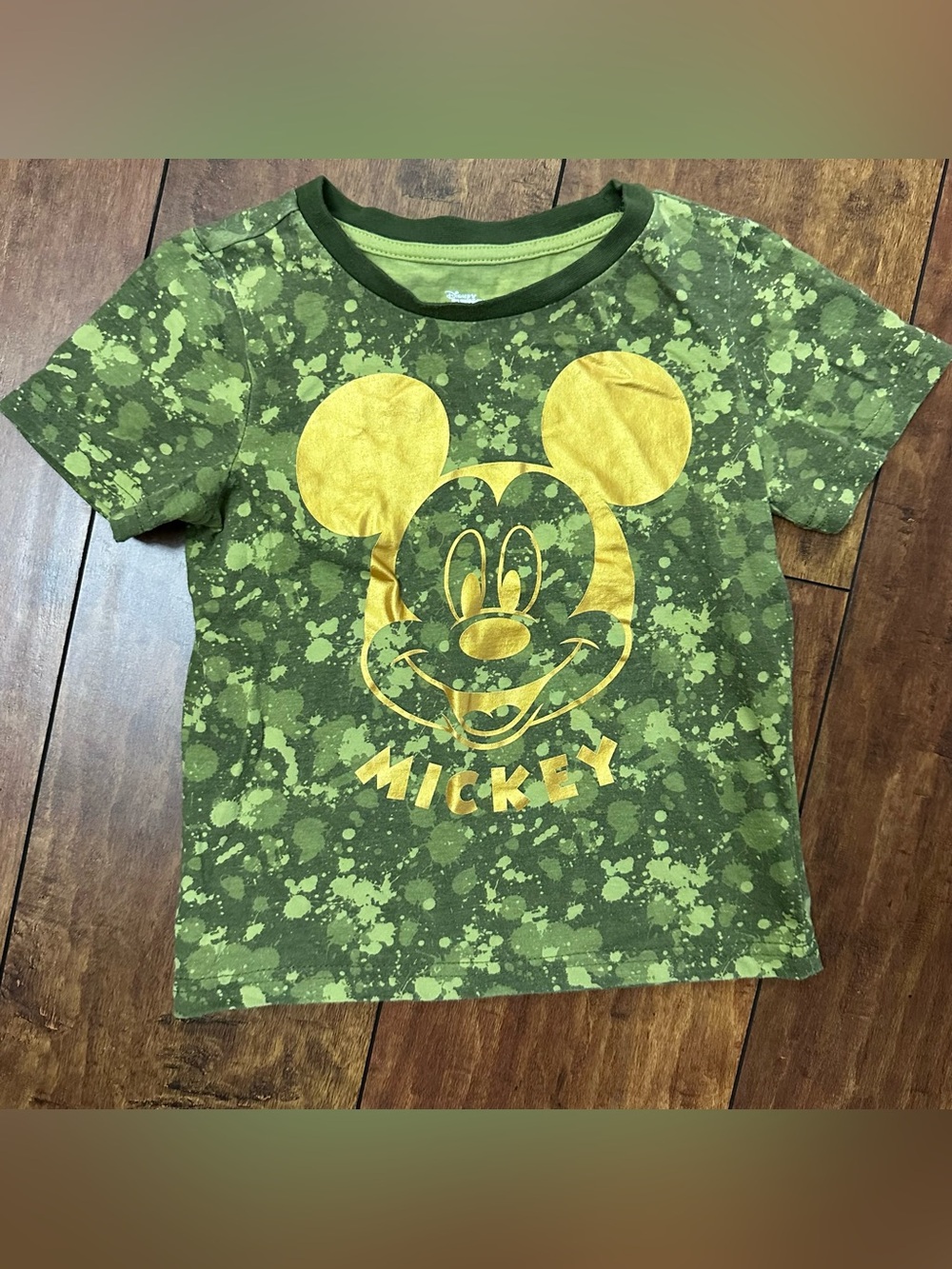 Disney Green Splatter Print Tee with Gold Mickey Graphic 4T